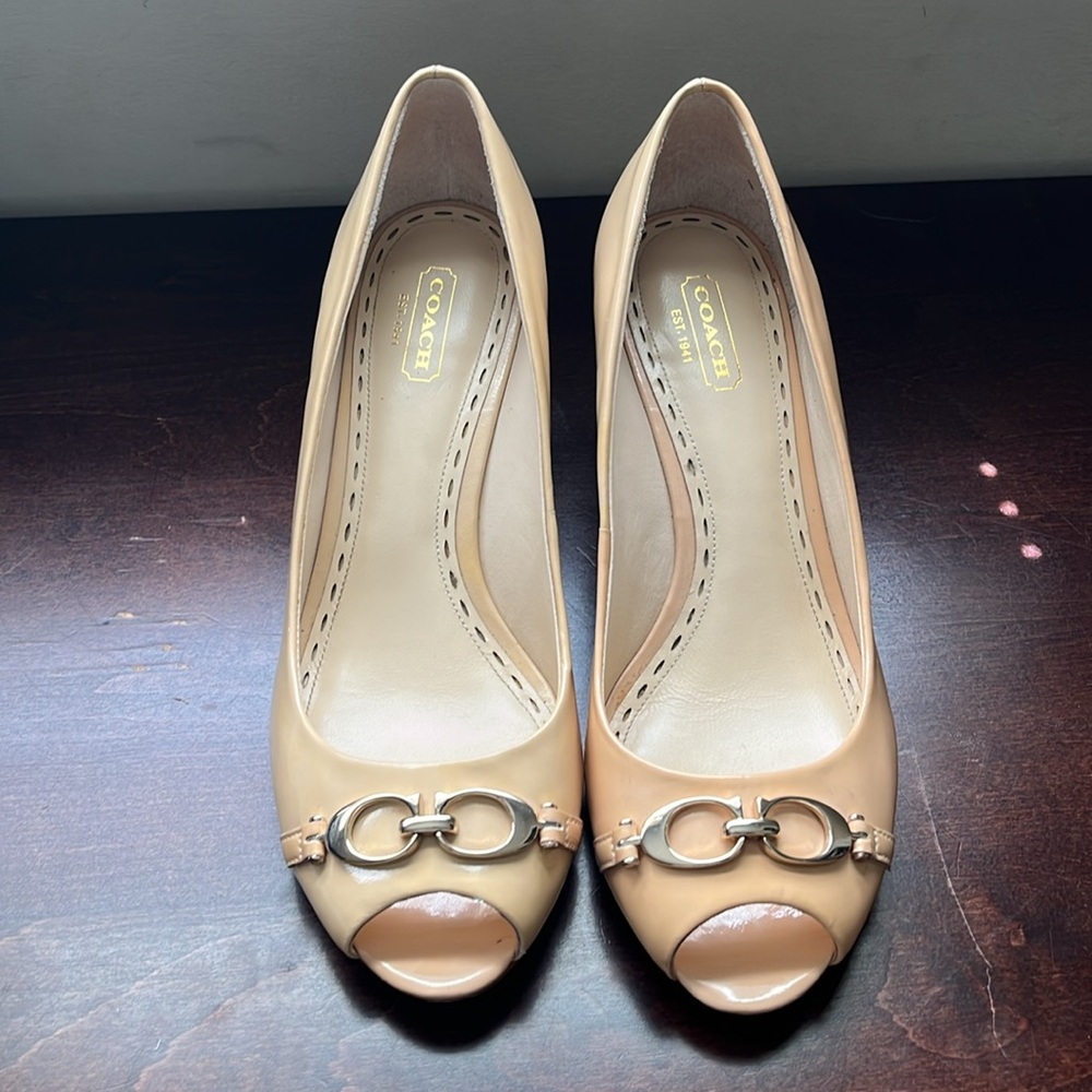 Coach patent leather peep toe heels size 8.
